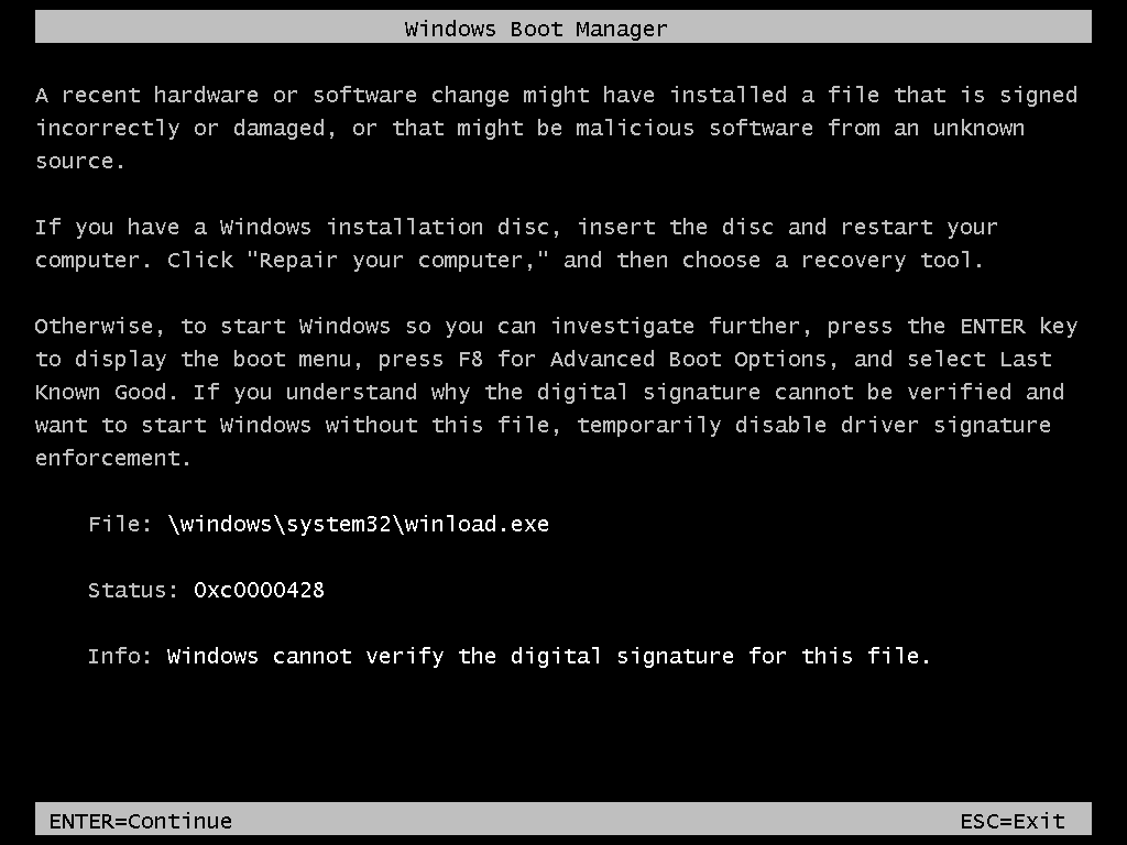 0xc0000428: Windows cannot verify the digital signature for this file