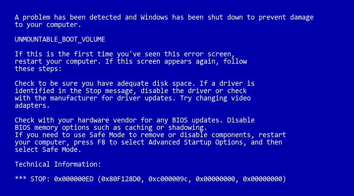 Blue Screen of Death (BSOD) showing UNMOUNTABLE_BOOT_VOLUME error - Variation 2