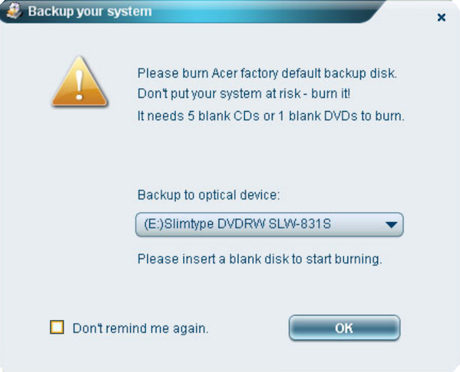 Acer eRecovery Management Factory Default Settings Image