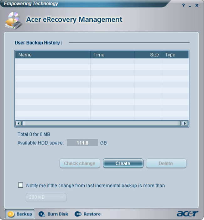The Acer eRecovery Management software on different Acer models