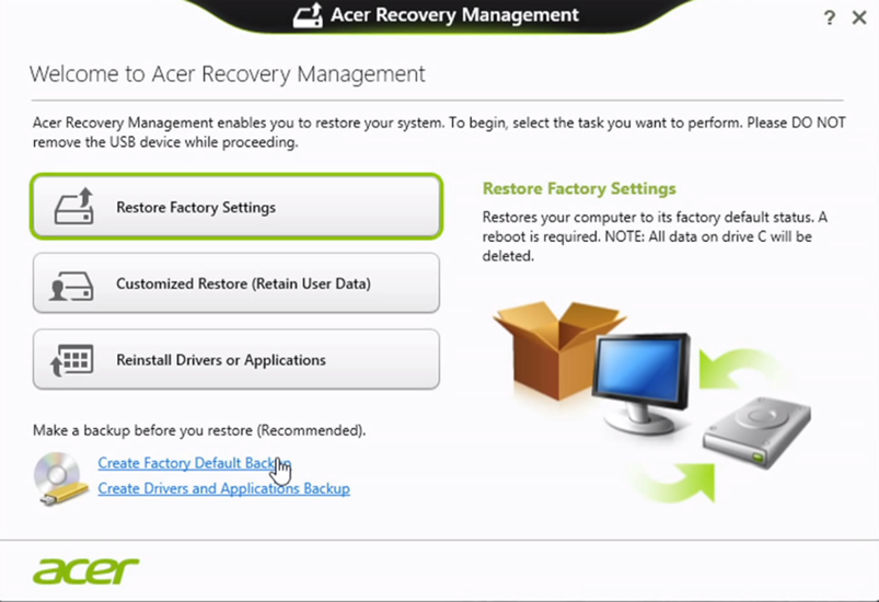 The Acer eRecovery Management software for Windows 8 users