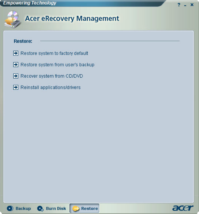 Restore Tab in Acer eRecovery Management Empowering Technology