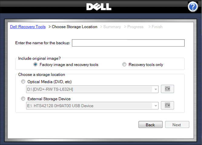 Choose Storage Location in Dell Recovery Tools menu