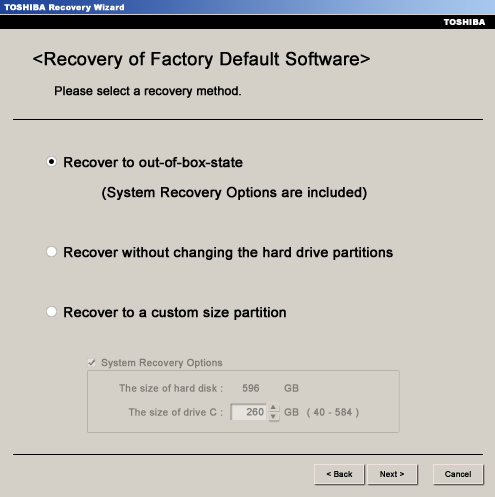 Toshiba Recovery out-of-box state