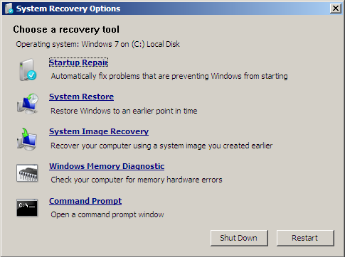 Windows 7 System Recovery Options Screen