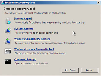 System Recovery Options on Windows Vista