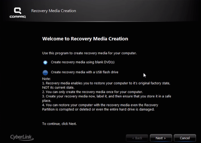 Compaq Recovery Media Creation - Screen #1