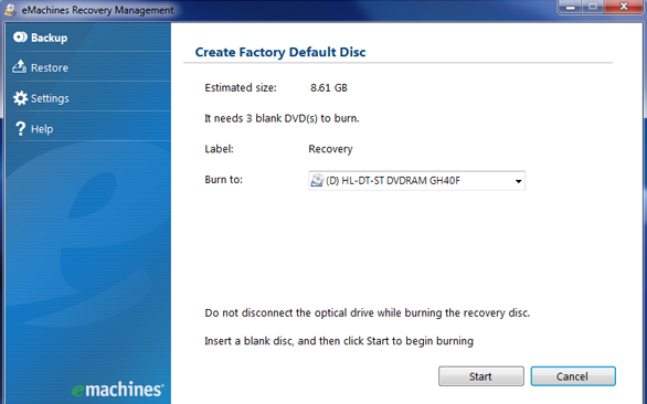 eMachines Recovery Management - Screen #2