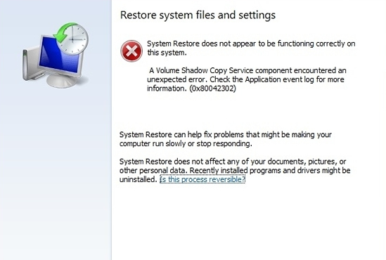 errore non specificato durante il ripristino del sistema di Windows Vista