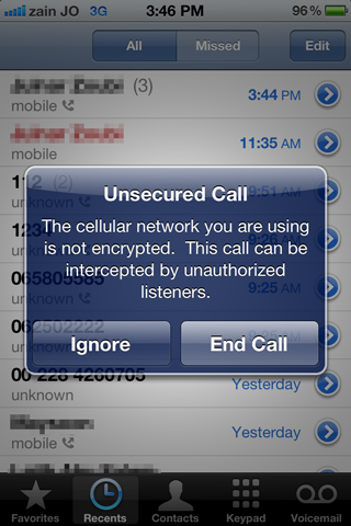 The cellular network you are using is not encrypted. This call can be intercepted by unauthorized listeners.