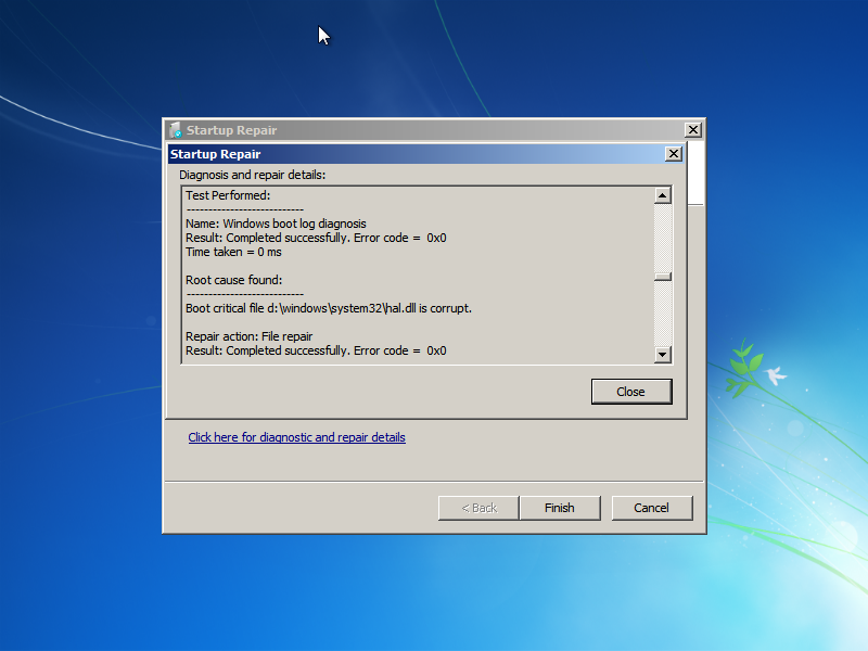 Hal.dll restored by Windows 7 Startup Repair