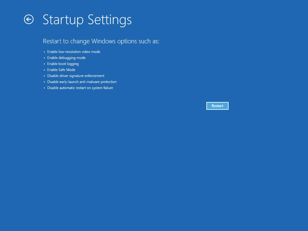 Startup Settings screen in Windows 10