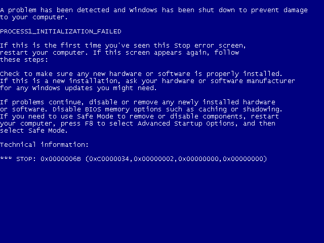 0x0000006B Windows XP, Vista, 7 error screen