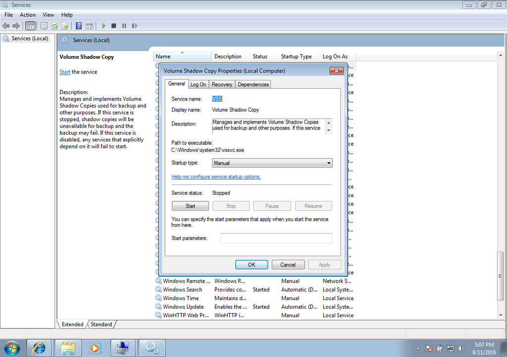 Windows 7 volume shadow copy service screen
