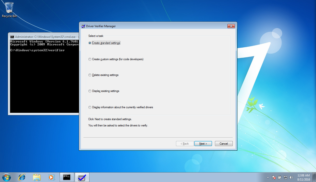 Driver verifier screen