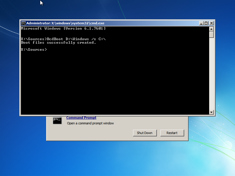 Windows 7 BcdBoot utility screen