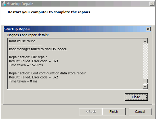 Root cause found: Boot manager failed to find OS loader