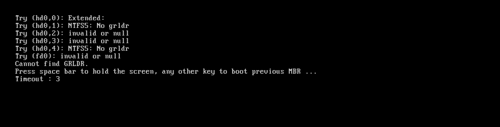 Try (hd0,0): ntfs5: no grldr. Cannot find grldr Windows 10. Grldr. Press any Key to Boot from USB.