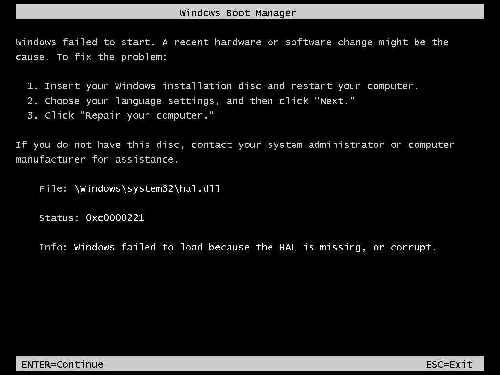 Attempting to start your Windows PC running Windows Vista, Windows 7    hardware abstraction layer