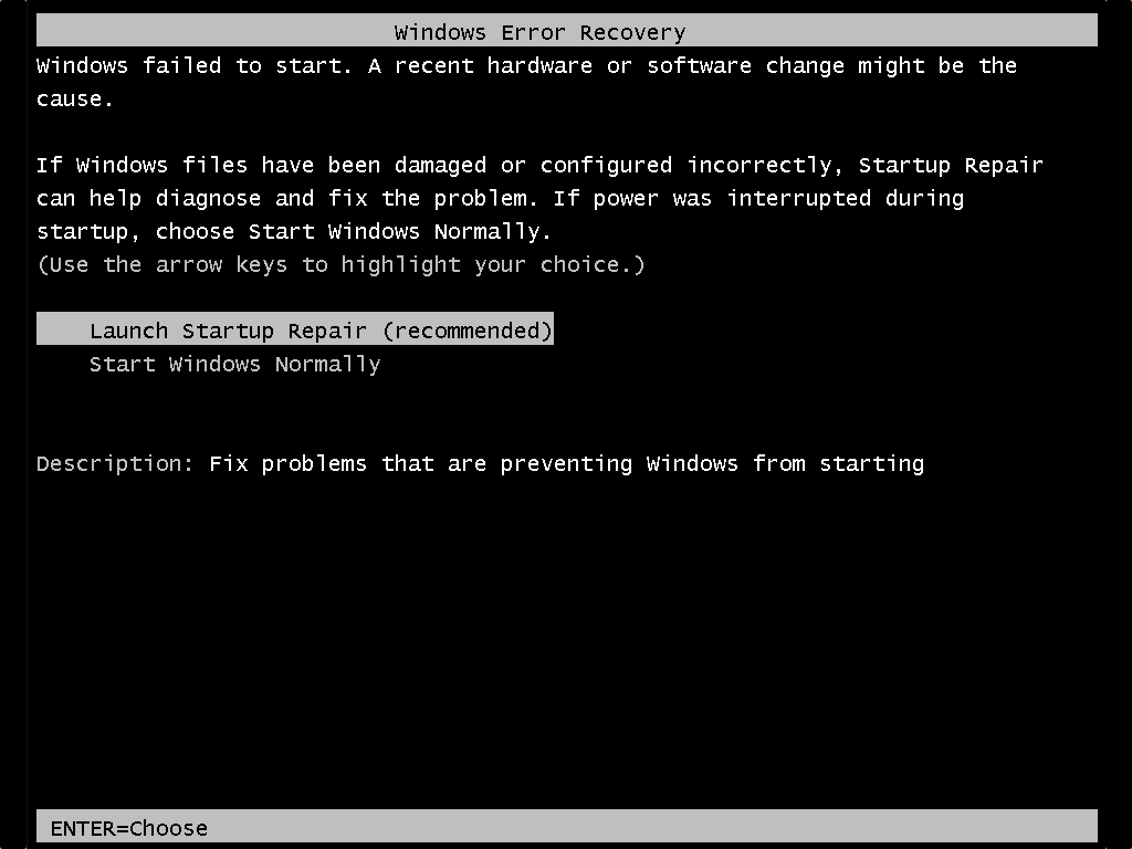 Windows failed to start. A recent hardware or software change might be the cause.  If Windows files have been damaged or configured incorrectly, Startup Repair  can help diagnose and fix the problem.