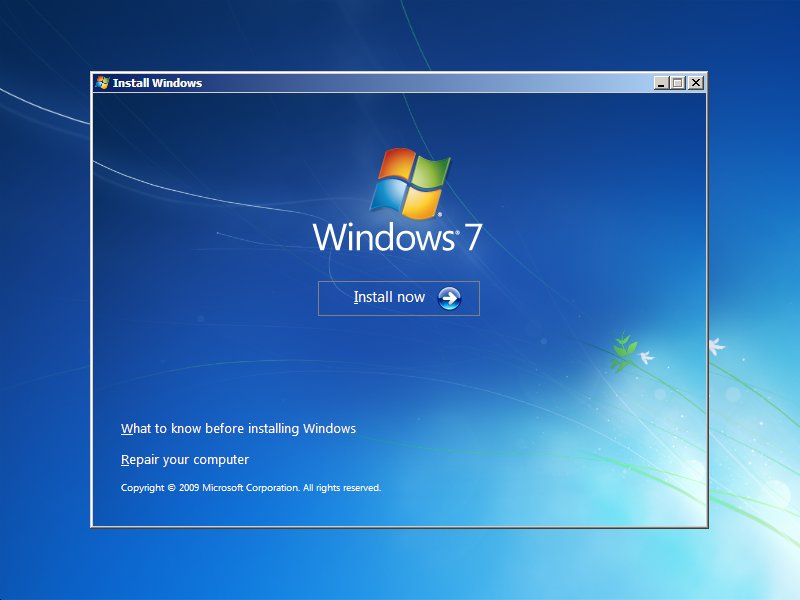 Windows 7 setup Install Now dialog, with repair your computer link