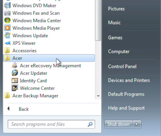 The Acer folder at Start