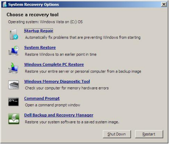 The Dell Backup and Recovery Manager in System Recovery Options