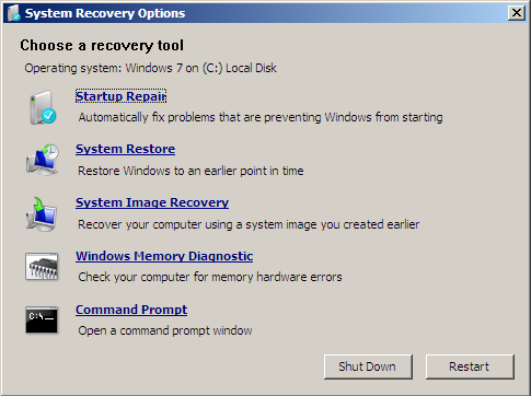 Windows 7 System Recovery Options Skærm