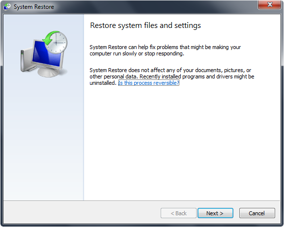 Windows 7 System Restore Screen