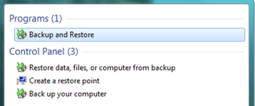 Windows Vista Backup and Restore Centre Menu Item