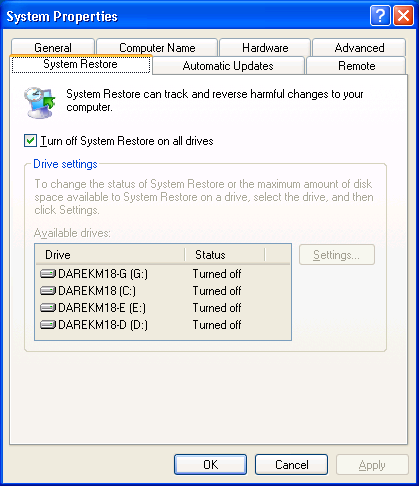 Windows XP System Restore tab
