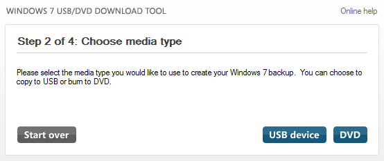 Windows 7 USB/DVD Download Tool: Choose Media Type