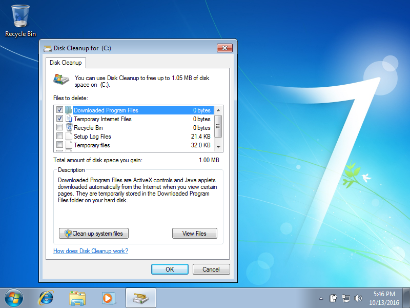 Windows 7 Disk Cleanup screen