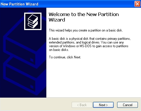 Windows XP: New Partition Wizard