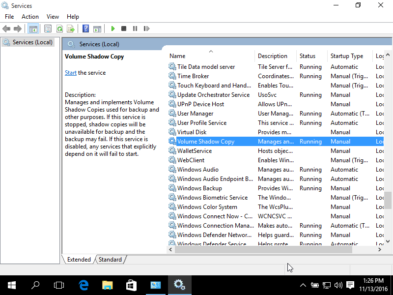 Windows 10 Volume Shadow Copy screen