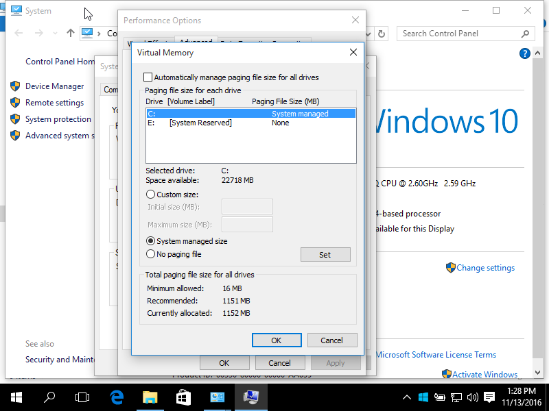 Windows 10 Paging file settings screen