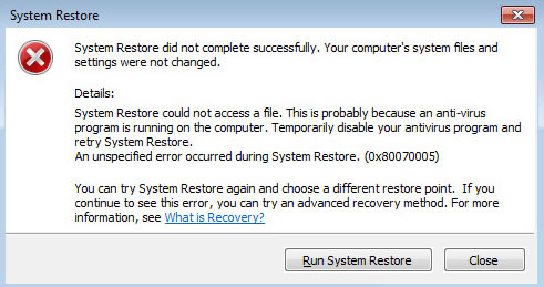 system restore failed while restoring the registry