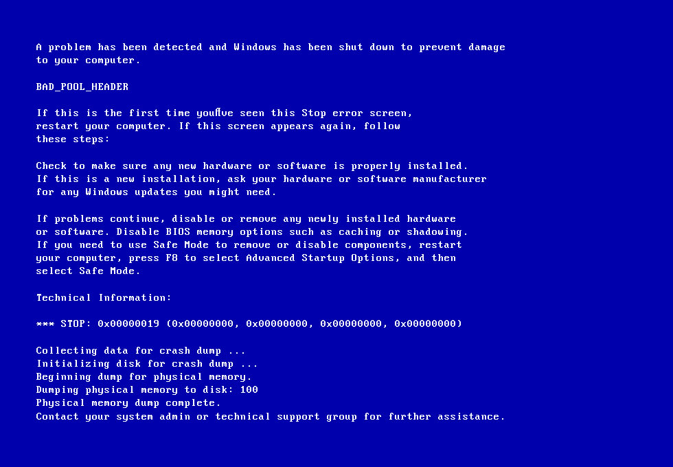 blue screen bad collection header 19