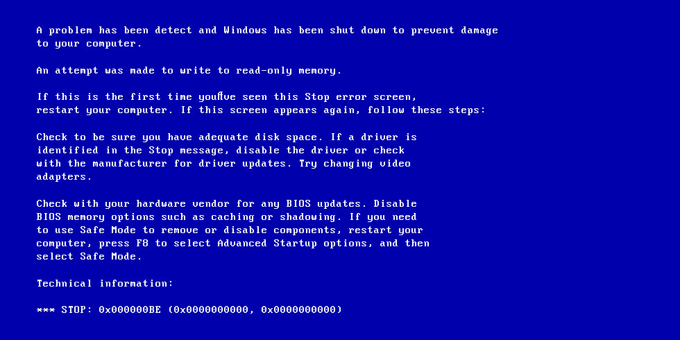 Screenshot of 0x000000BE error