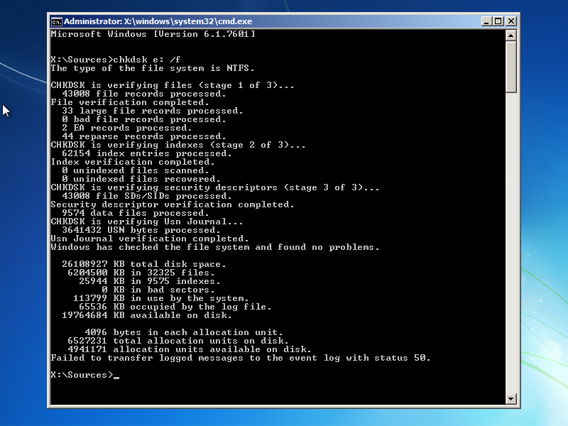 Chkdsk utility results screen